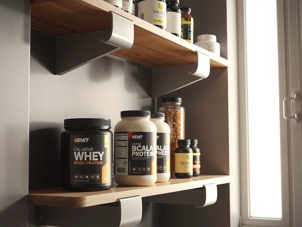Tampilan rak suplemen nutrisi bersih dan teratur